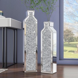 SHYFOY Floor Vase Crushed Diamond Mirrored Vase - Silver Floor Standing Vases Set of 2-24" & 30" Large Crystal Tall Vases for Living Room Dining Bedroom Home Corner Hallway Indoor Office Floor