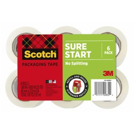 Scotch Sure Start Packing Tape, Clear, Holiday Wrapping Tape with Quiet Unwind and Easy Start, 1.88 in. x 25 yd., 6 Tape Rolls, Packaging May Vary