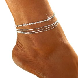 Prosy Beach Layered Rhinestone Anklet Silver Crystal Ankle Bracelets Chain Foot Jewellery Adjustable for Women Girls