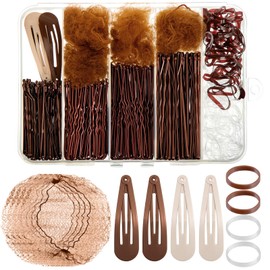 368 Pcs Bobby Pins Brown Hair Pins Kit, U Shaped Hair Pins, Hair Nets for Buns, 2/2.36/2.76inch Hair Pins for Women, Snap Hair Clips, Hair Rubber Bands with Box for Styling