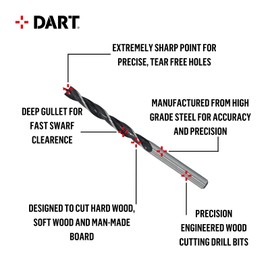 DART 8 Piece Brad Point Wood Drill Bit Set - High Grade Steel Drill Bits Sets Mixed Sizes (3mm, 4mm, 5mm, 6mm, 7mm, 8mm, 9mm, 10mm) - Professional Power Tool Accessories