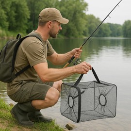 Compact Foldable Fishing Net Trap with Zipper Nylon Mesh Bait Cage for Fish, Eels, Crabs