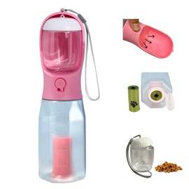 Bebedero Portátil para Perros 3 en 1, Botella de Agua 600 ml con Compartimento para Croquetas y Bolsas para Heces, Dispensador Antifugas para Paseo, Viaje y Senderismo, Accesorio Perros y Gatos (Rosa)