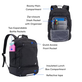 J World New York 2 in 1 Box. School Bookbag Lunch Backpack for Kids Adults, Black, Large