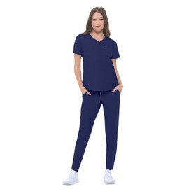Natural Uniforms Ultra Stretch Form Fitting Womens Scrub Set (True Navy Blue, Medium)