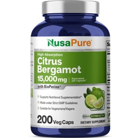 NusaPure Citrus Bergamot Capsules 15,000mg, 200 Capsules - 25:1 Bergamot Extract - 200 Servings, Bioperine, Vegan, Non-GMO