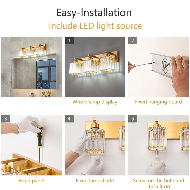 FDPBY Modern 3-Light Gold Brushed Brass Finish Crystal Wall Light