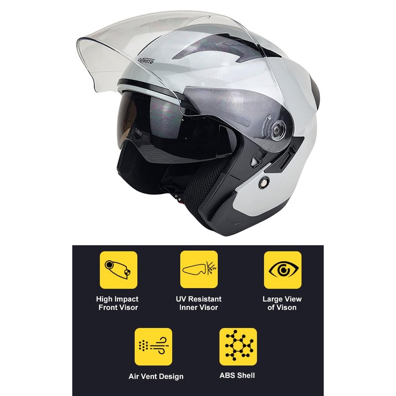 PITMOTO Open-Face Motorcycle Helmet. DOT, Model PM-768-White-Large