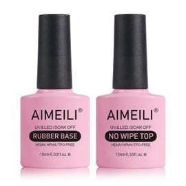 AIMEILI Rubber Base Gel Polish and No Wipe Top Coat Kit Set Soak Off U V LED Clear Gel Nail Polish