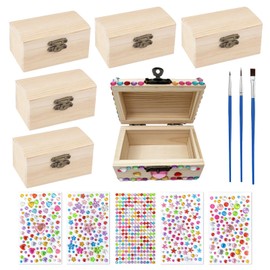 YUNXCNA Small Wooden Box, Pack of 6, Small Wooden Treasure Chest, Rectangular Wooden Box, Treasure Chest with Lid, with 5 Diamond Stickers and 3 Brushes, for Crafts, Birthday Parties and DIY