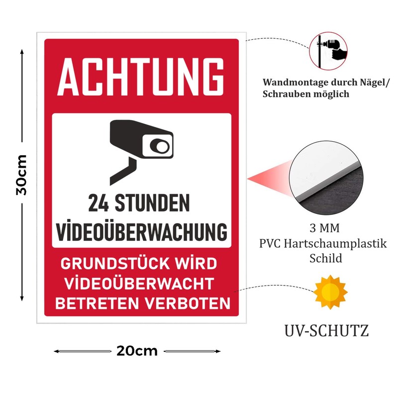 Videoüberwachung Sign, Achtung Videoüberwachung Sign, 20 x 30 cm, Made