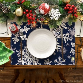 Artoid Mode Navy Blue Snowflakes Winter Placemats Set of 4, 12x18 Inch Christmas Table Mats for Party Kitchen Dining Decoration