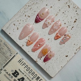 Tesytto Summer Almond Press on Nails - 10pcs Medium French Tip with 3D Pearl Flower Butterfly Charms, Nude Pink Base Handmade Nails for Beach & Vacation Nail Art (Hand Painting,M)