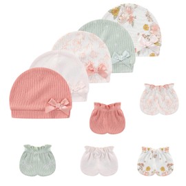 MAMIMAKA Newborn Baby Hats Mittens Set Cotton Beanie Caps and No Scratch Mitten Gloves for Baby Boy Girl, 0-6 Months