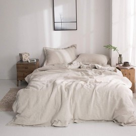 Simple&Opulence 100% Linen Duvet Cover Set with Embroidery Washed - 3 Pieces (1 Duvet Cover with 2 Pillow Shams) with Button Closure Soft Breathable Farmhouse - Linen, King Size