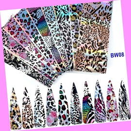 10pcs 20x4cm Leopard Print Animal Rose Flowers Nail Foil Transfer Sticker Bw08 Laser Base for Nails Design Nail Art Stickers Decals Supplies Manicure Tips Sticker Colorful for Nail Decorations