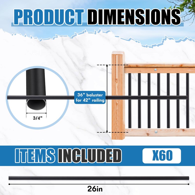 Yaocom 60 Pack 26" Aluminum Deck Balusters 3/4" Black Metal
