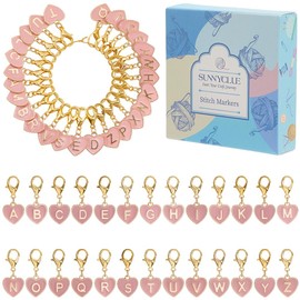 SUNNYCLUE 26Pcs 26 Styles Heart Crochet Markers Letter Stitch Markers Bulk Alphabet Love Pink Enamel Lobster Claw Clasps Alloy Locking Metal Knitting Charms for Jewellery Making Weaving Diy Craft
