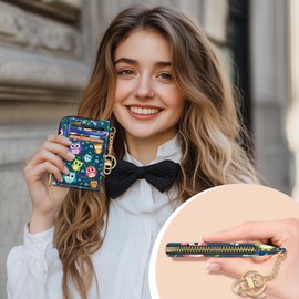 GIANCOMICS Slim Wallet Credit Card Holder Women, Owls Rfid Blocking Small Card Case, Keychain Thin Pocket Curved Zipper Wallet, Travel Card Holder PU Leather ID Window, Ladies Female Gifts