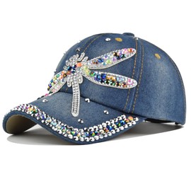 Bling Dragonfly Women's Rhinestone Baseball Cap,Shiny Denim and Diamonds Hat,Sparkling Mom Hat,Fun Baseball Haty