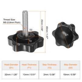 HARFINGTON 15pcs Star Knobs M5 x 25mm 304 Stainless Steel Threaded Stud 32mm Plastic 6-Star Head Hand Tightening Thumb Screw Clamping Jig Knob Handle, Black