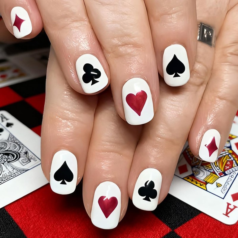 Uñas postizas cuadradas blancas cortas estilo póker, uñas acrílicas adhesivas