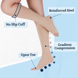 LIN PERFORMANCE Compression Socks for Women and Men 15-20 mmHg 2 Pairs Knee High Open Toe Stockings for Varicose Vein Swollen legs Beige(S,Beige)