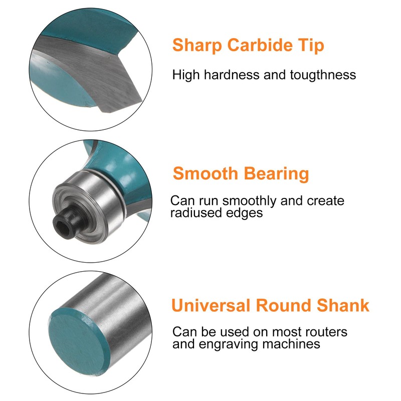 sourcing map Roundover Router Bit 1/2 Shank 1/2" Radius Carbide
