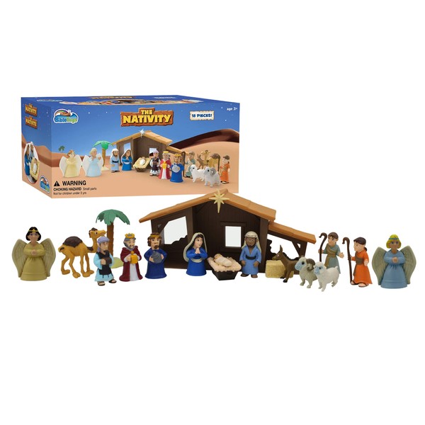 BibleToys Nativity Set - Christmas Story Manger Scene, 18 Pieces With Birth of Baby Jesus Mini-Storybook (in English & Spanish), Little Animals & Figures Indoor Playset, Children Ages 3 And Up