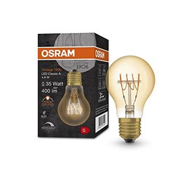 Osram s Vintage 1906 - Gold Tint, 4.8 W, 400 lm, Glow Shape (Classic A) E27 Socket, Warm White Light Colour, Spiral Filament, Dimmable, Up to 15,000 Hours Lifespan, 4058075761452, 35 W Replacement