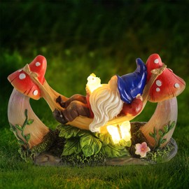 Sinhra Outdoor Garden Gnome Statue,Solar Gnomes Figurine Lying on Hammock with Bird and Mushrooms,Outdoor Garden Decoration for Patio Yard Lawn Porch,Garden Gifts for Mom/Grandma/Women