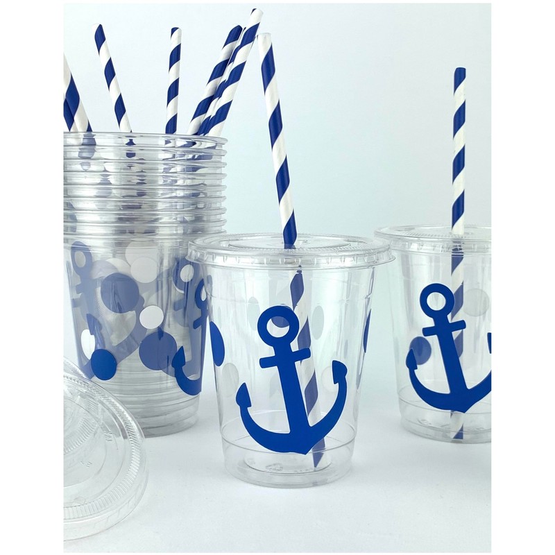 Blue Anchor Cups, Nautical Party Supplies, Plastic Disposable Cups, Slot