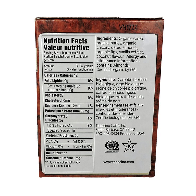 Teeccino Vanilla Nut Herbal Coffee Tea Bags, 10 ct