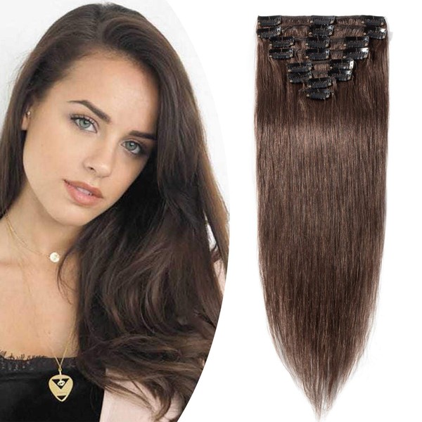 Sego Clip-In Real Hair Extensions, 8 Wefts, Thin Extensions, 100% Remy Human Hairpieces, Medium Brown #4-2, 22 inches (56 cm) – 75 g