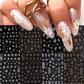 8 Sheets Gold Snowflakes Nail Art Stickers 3D Self-Adhesive Christmas Stickers Winter Nail Decals White Gold Designs Elk Snowflake Nail Supplies Holiday Nail Sticker for Nail Art DIY Christmas Nails