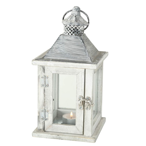 WHW Whole House Worlds Farmers Market Wooden Candle Lantern Hurricane, Rustic Dark Metal Roof, Shabby Weathered Finish, White Stained Fir, 10 Inches Tall Galvanized Metal Floor Plate