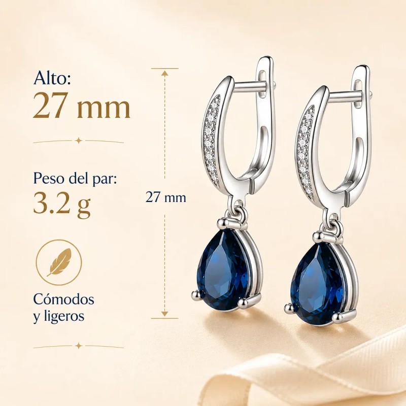 Aretes Plata 925 Mujer Gota Zirconia Azul Profundo Elegante