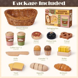 Toyssa Wooden Play Food Sets for Kids Kitchen, Bakery Pretend Play Toy Food for Toddlers 3-5 with Cutting Bread & Basket, Christmas Kitchen Accessories Birthday Gifts for Girls Boys 3 4 5 6 Years Old