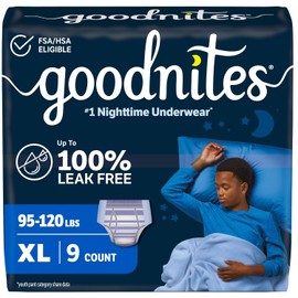 Goodnites Ropa interior nocturna para mojar la cama, talla XL para niños (93-140 libras.), 9 unidades