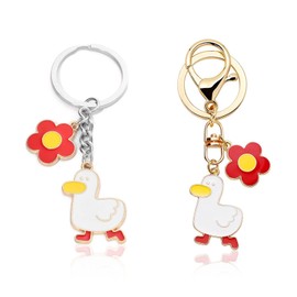 2 Pieces Red Flower and Yellow Duck Keychains, Stainless Steel Keychains, Cute and Funny Keychains, Cartoon Keychain, gold, Unit size, Modern