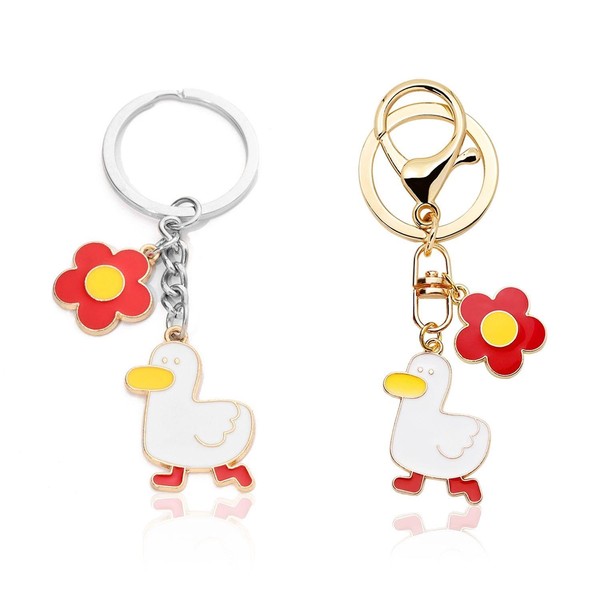 2 Pieces Red Flower and Yellow Duck Keychains, Stainless Steel