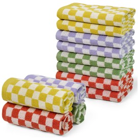 Soft Washcloths 12 Pack - Checkered Terry Wash Cloth (13"x13") in 4 Colors, Multi-Purpose Bathroom, Showering, Face Towels