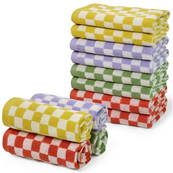 Soft Washcloths 12 Pack - Checkered Terry Wash Cloth (13"x13")