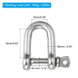 PATIKIL Screw Pin Shackle M5 3/16" 220lbs, 2 Pack 304 Stainless Steel D Ring Shackle for Chains Wire Rope Outdoor, Silver