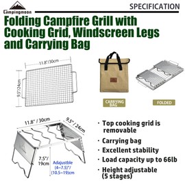 CAMPINGMOON Folding Campfire Grill Grate Open Fire Cooking Camping Portable 304 Stainless Steel with Cooking Grid, Windscreen Legs and Carrying Bag MS -1018-SW