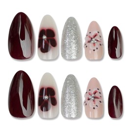 Almond Press on Nails Medium Fake Nails Press ons with Flower Silver Glitter Designs Brown Full Cover Glue on Nails Acrylic Cute Fall Stick on Nails for Women 24 Pcs
