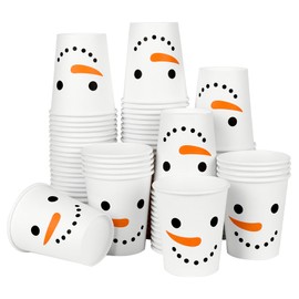 AimFun - 100 tazas de papel desechables de Navidad para fiesta de muñeco de nieve de Navidad, para invierno, sonriente, cara de muñeco de nieve, 9 onzas, para bebidas, bebidas frías y calientes,