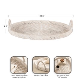 Kate and Laurel Cormont Modern Round Woven Rattan Tray with Handles, 23 Inch Diameter, Whitewash Rattan, Decorative Circle Boho Tray for Use as Versatile Ottoman Tray or Serving Platter