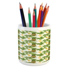 Ambesonne Tropical Pencil Pen Holder, Pineapple Mango Leaves Palmatia Botany Art, Ceramic Pencil Holder for Desk Office Accessory, 3.6" X 3.2", White Multicolor