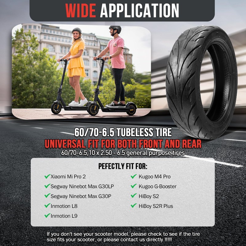 60/70-6.5 Tubeless Tires,10 x2.50-6.5 Scooter Tire with Straight Nozzle Replacement
